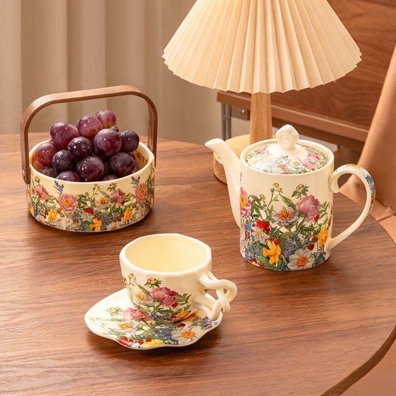 Coffee Tea Gift Basket - European Vintage Floral Ceramic Tea Set,