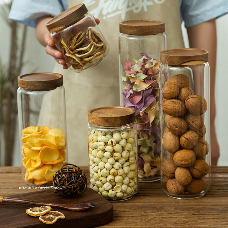 Coffee Tea Canister Set - Wood Lid Glass Airtight Canister Kitchen
